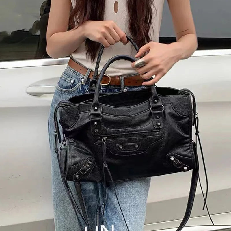 Vintage Motorcycle Style Handbag, Studded Leather-Look Satchel with Multiple Pockets, Top Handle Shoulder & Crossbody Purse for Casual Everyday Use