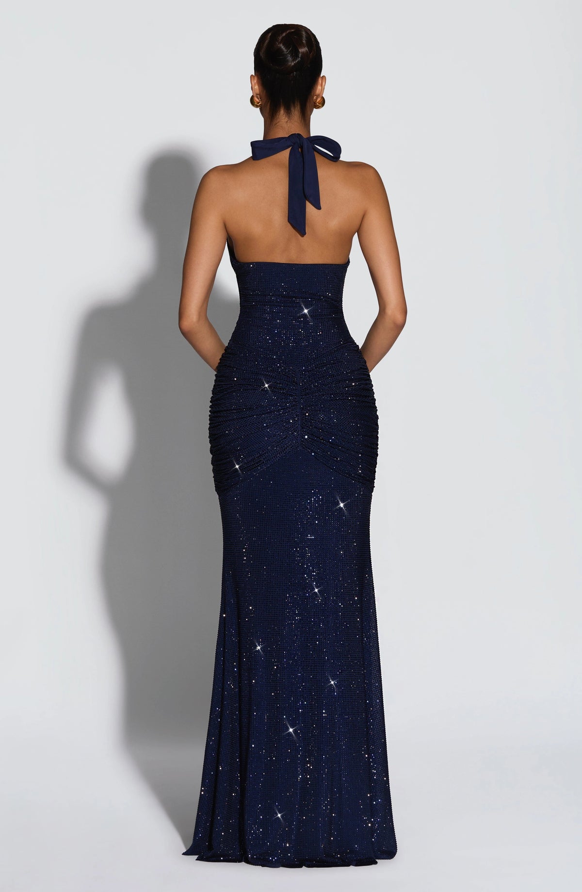 Halter Neck Sequin Maxi Dress – Deep Plunge Evening Gown with All-Over Sparkle, Ruched Bodycon Silhouette and Floor-Length Draped Skirt
