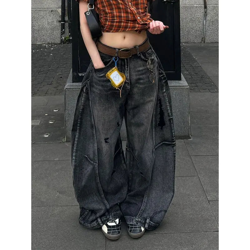 High Waisted Baggy Cargo Jeans Wide Leg Distressed Denim Pants Oversized Relaxed Fit Y2K Streetwear Utility Trousers