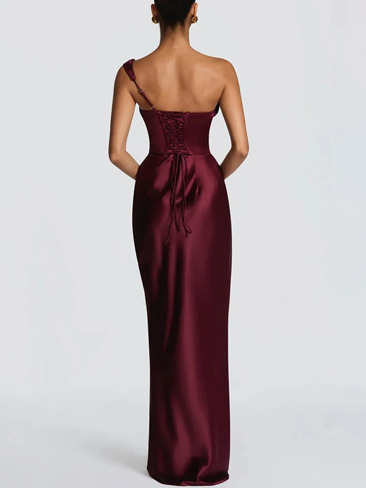 Satin Corset Maxi Dress – Draped Off Shoulder Dress with Spaghetti Straps, Lace-Up Back, Fitted Waist and Floor-Length Skirt