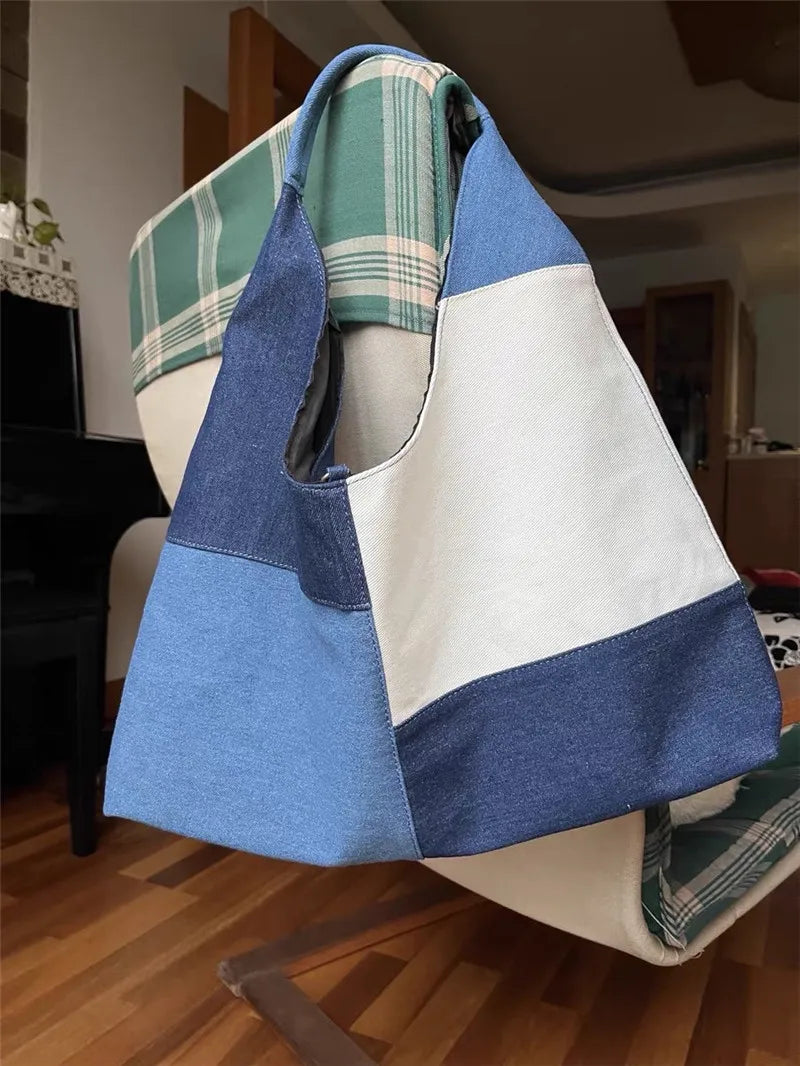 Denim Hobo Shoulder Bag, Patchwork Tote Handbag with Wide Strap, Slouchy Casual Purse for Shopping, Travel & Everyday Use