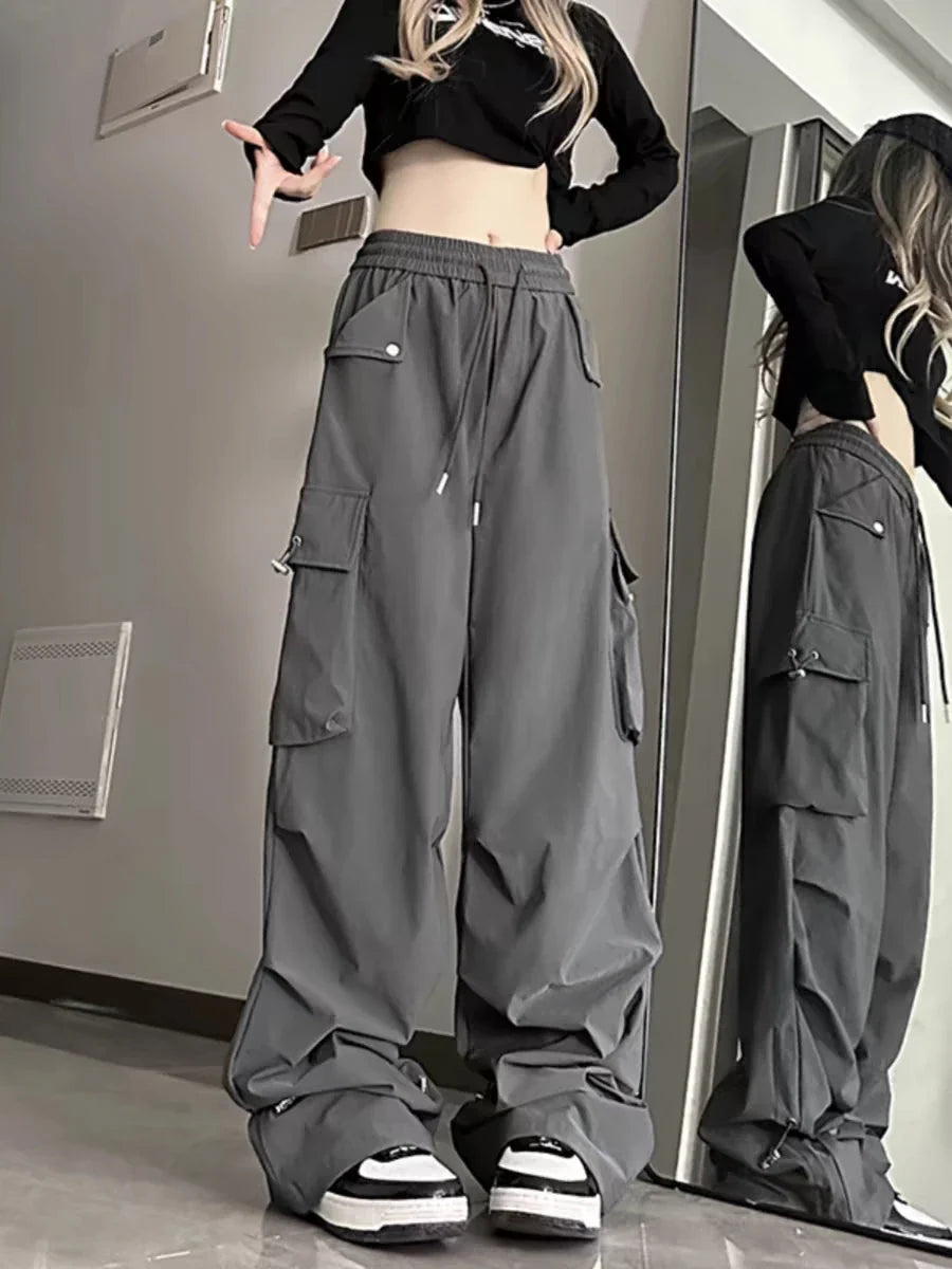 Wide Leg Cargo Parachute Pants High Waist Drawstring Baggy Utility Trousers Streetwear Y2K Casual Pants