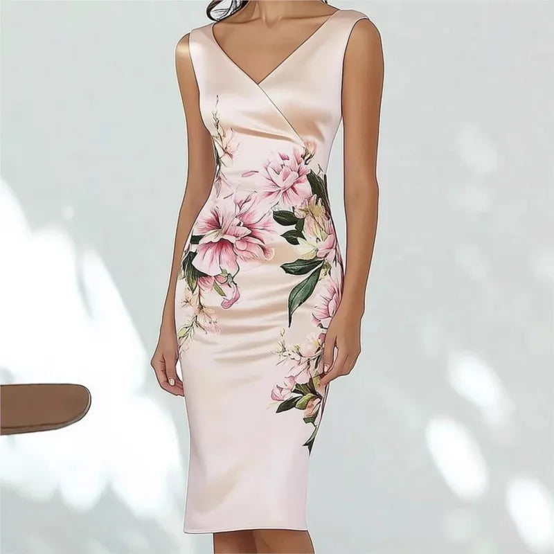 Floral Midi Dress – Sleeveless V-Neck Bodycon Dress with Fitted Silhouette and Botanical Print for Weddings, Brunch, Date Nights & Events