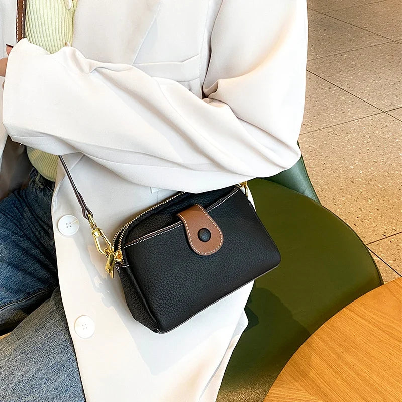 Small Crossbody Bag, Leather Shoulder Purse with Brown Accent, Compact Mini Handbag with Adjustable Strap for Everyday Use