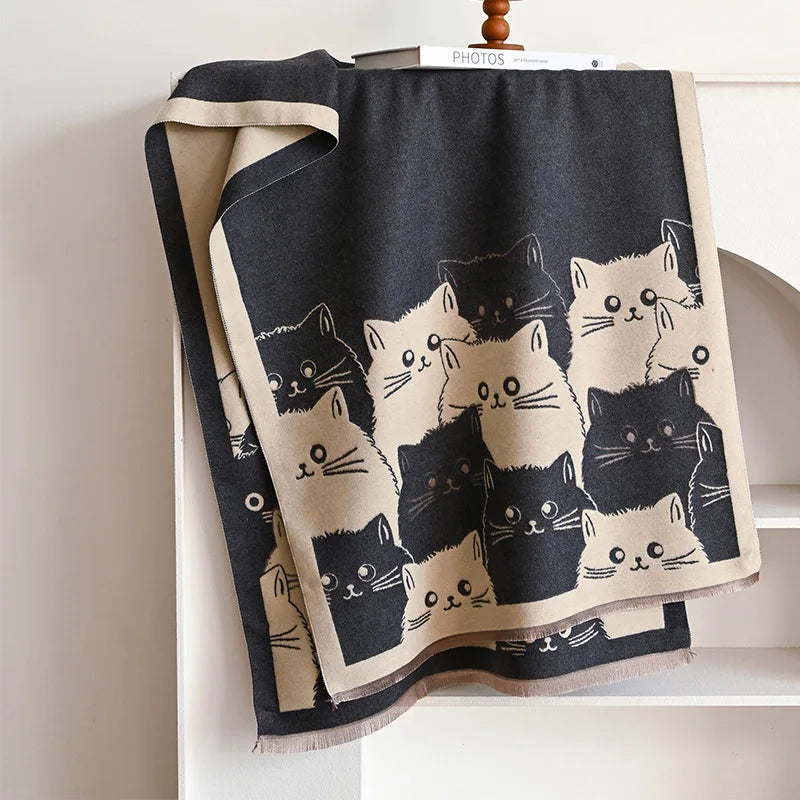 Cute Cat Print Scarf, Playful Feline Pattern Shawl Wrap, Artistic Neck Scarf with Decorative Border