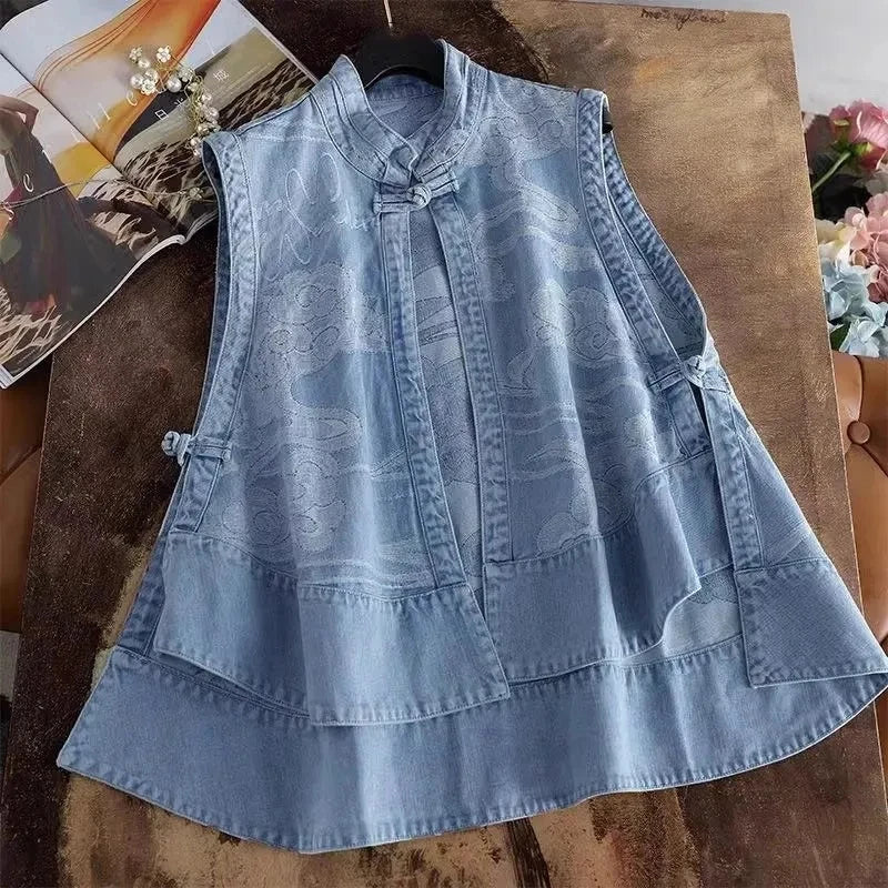Denim A-Line Jacket, Sleeveless Button-Up Peplum Jacket with Flared Hem and Panel Detailing, Casual Spring Summer Outerwear