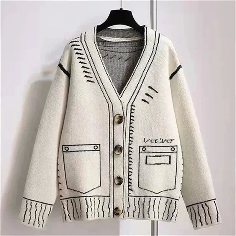 Graphic Knit Cardigan Jacket, Oversized Button-Up Sweater with Contrast Pattern and Patch Pockets, Cozy Casual Outerwear