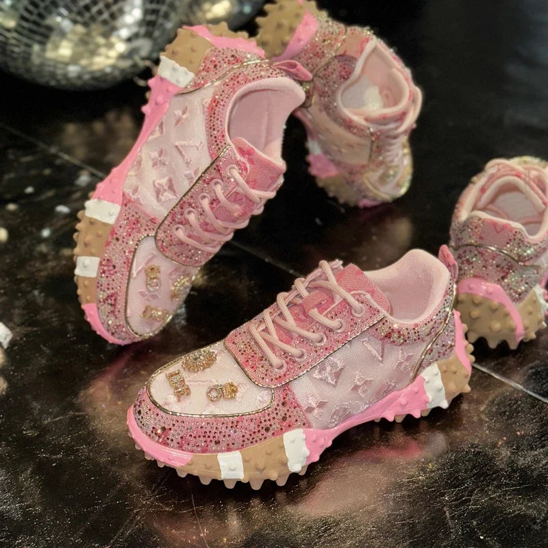 Embroidered orthopaedic Lace-Up Sneakers | Studded Casual Platform Shoes | Vintage Distressed Walking Sneakers