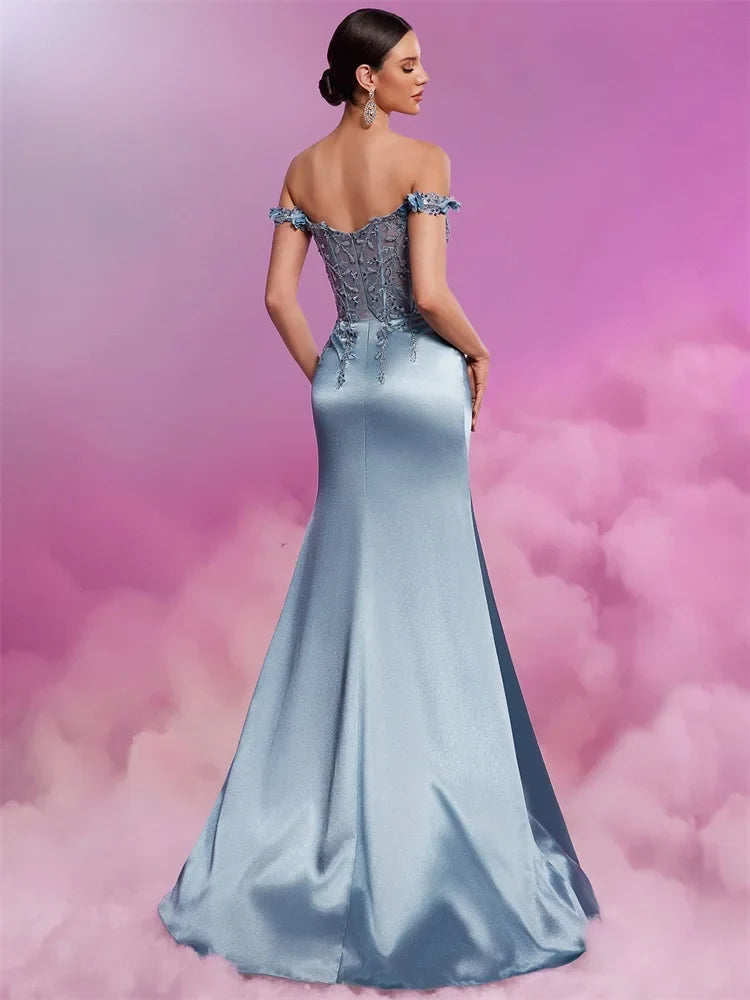 Satin Evening Gown – Off Shoulder Maxi Dress with Embellished Corset Bodice, Draped Skirt and High Side Slit for Weddings & Formal Events