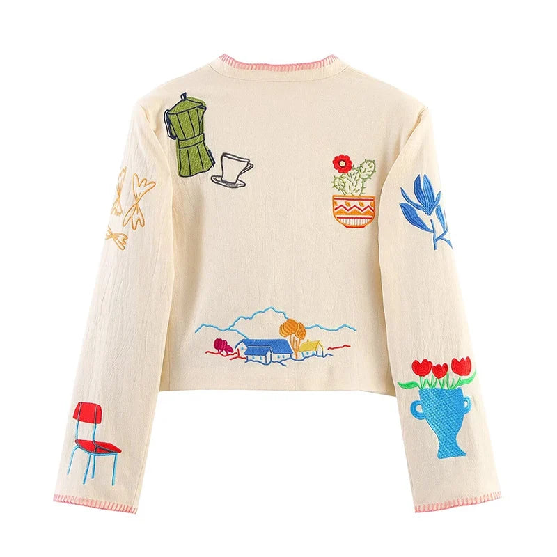 Embroidered Cropped Jacket with Colorful Motifs, Collarless Button-Up Jacket with Contrast Trim, Chic Casual Outerwear