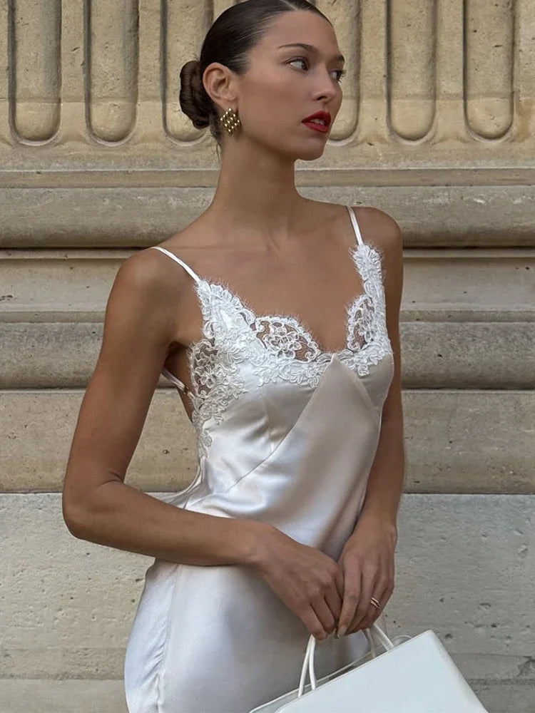 Satin Maxi Dress – Sleeveless Cowl Neck Dress with Delicate Straps, Fitted Bodice and Flowing Floor-Length Silhouette for Weddings & Events