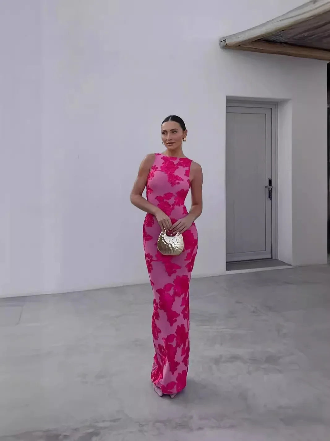 Floral Bodycon Maxi Dress – Asymmetrical Neck Ruched Evening Gown with Draped Waist and Floor-Length Silhouette for Weddings & Parties