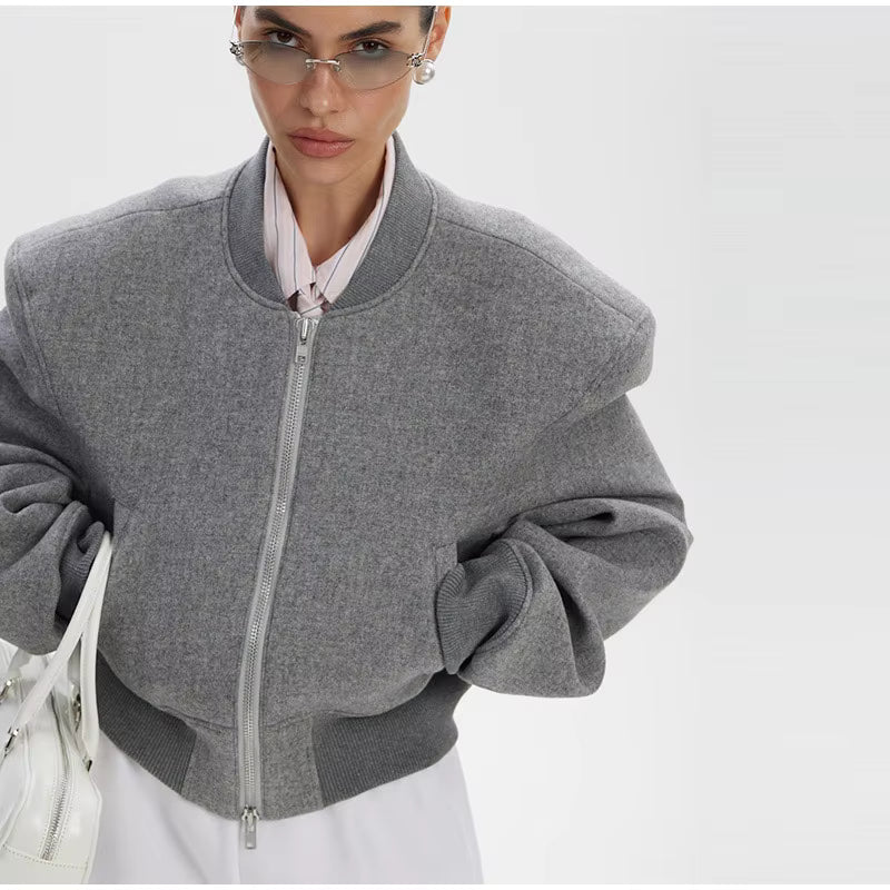 Oversized & Bomber Jacket – Women's Zip Up Wool Look Jacket with Padded Shoulders, Ribbed Collar and Relaxed Long Sleeve Fit