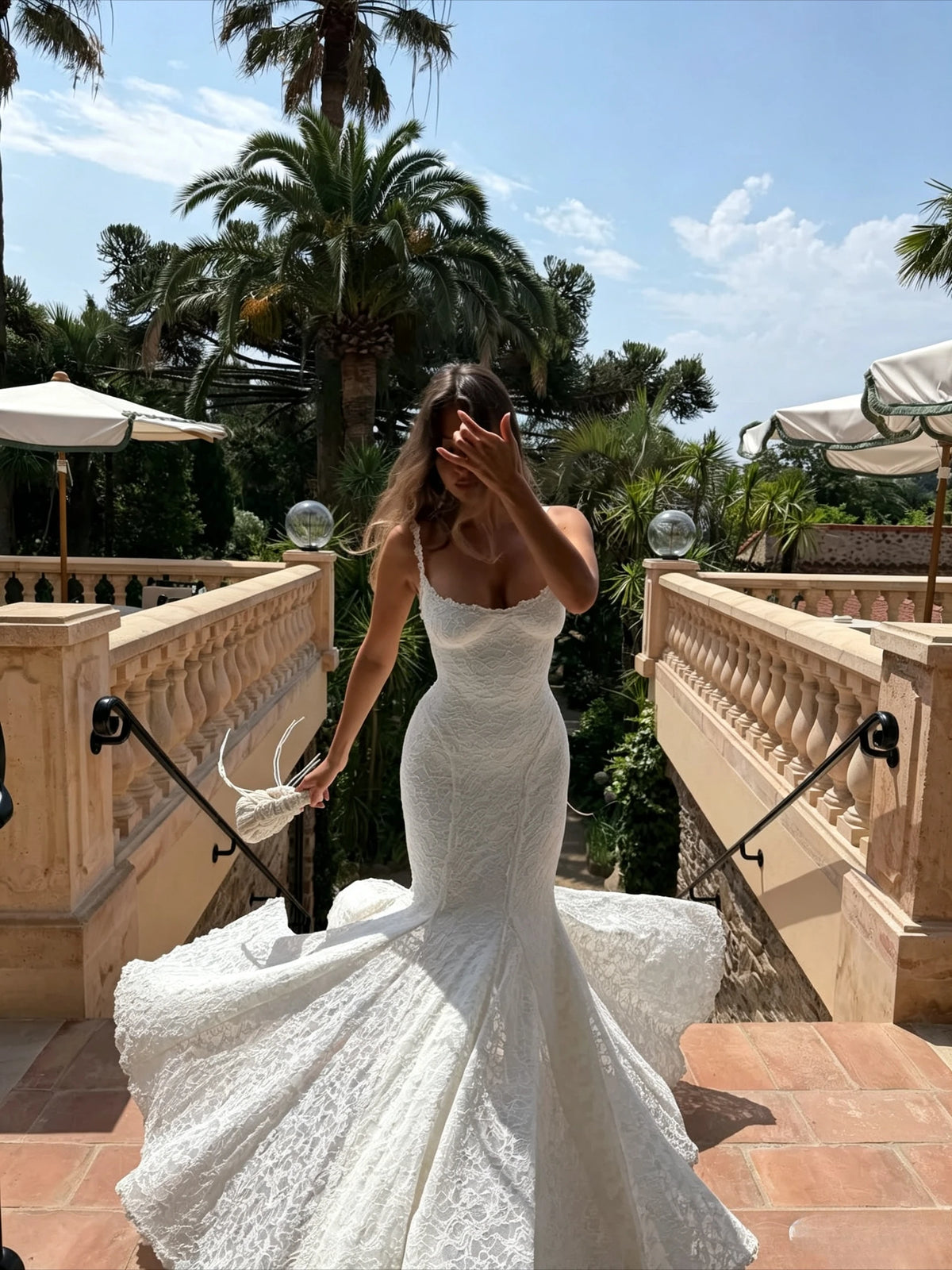 Lace Mermaid Maxi Dress – Open Back Wedding Gown with Spaghetti Straps, Corset Lace-Up Back and Floral Lace Floor-Length Skirt
