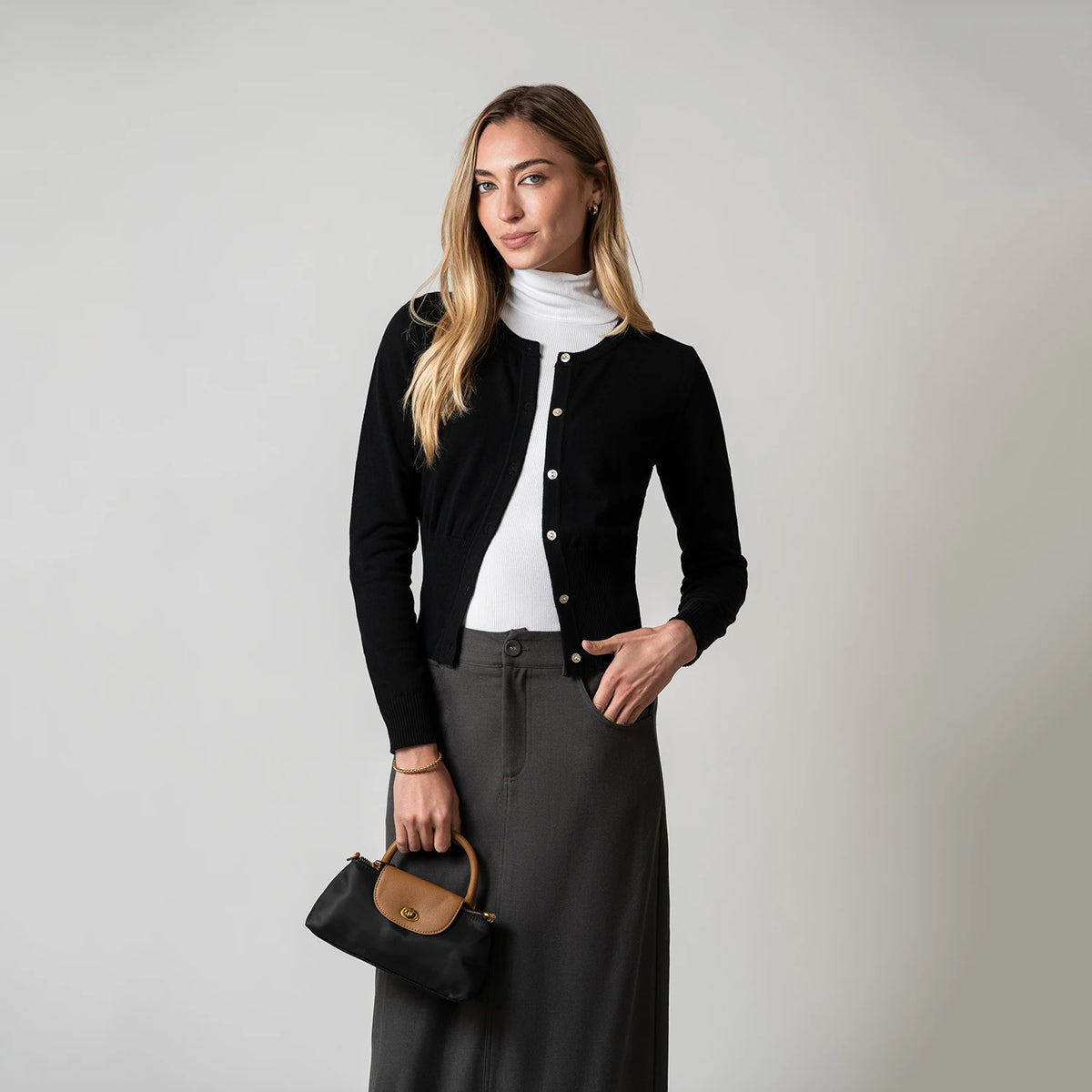 Classic Knit Cardigan, Button Front Sweater with Round Neck and Fitted Silhouette, Elegant Preppy Layering Top for Women