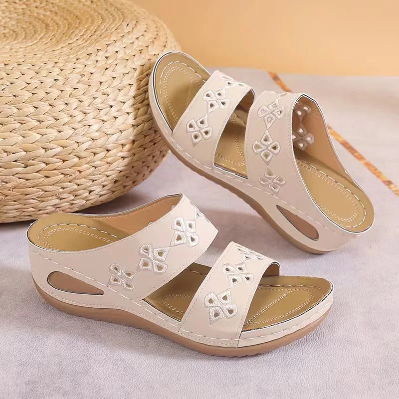 Comfortable Wedge Sandals | Double Strap Open Toe Sandals | Embellished Casual Summer Shoes