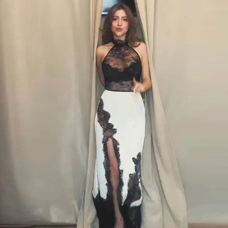 Lace Halter Maxi Dress – Satin Evening Gown with Sheer Lace Bodice, High Neckline, Contrast Lace Trim and Thigh High Slit