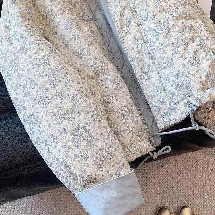 Floral Quilted Bomber Jacket, Printed Button-Up Jacket with Stand Collar and Drawstring Hem, Cozy Casual Outerwear