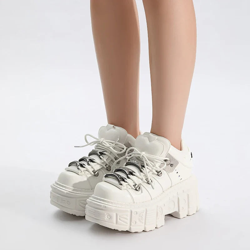 Women's White Platform Sneakers – Chunky Lace-Up Casual Walking Shoes, Goth Streetwear Platform Trainers for Everyday Fashion