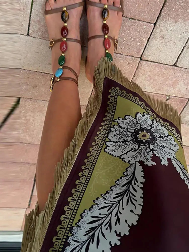 Boho Maxi Dress – Sleeveless High Neck Dress with Ornate Floral Print, Fitted Bodice and Flowing Floor-Length Silhouette for Vacations & Events