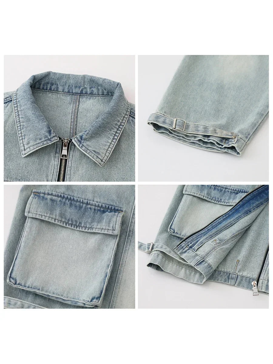 Oversized Denim Utility Jacket, Washed Zip-Up Jacket with Shirt Collar and Cargo Pockets, Relaxed Fit Casual Outerwear