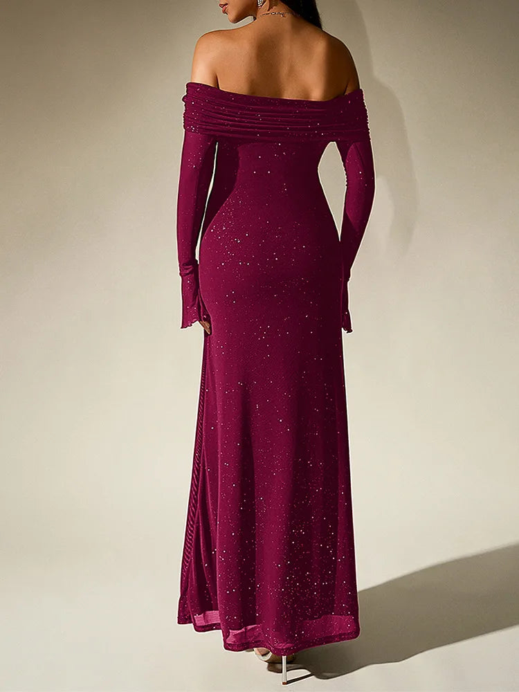 Glitter Off Shoulder Maxi Dress – Long Sleeve Mermaid Gown with Draped Neckline, Flared Cuffs and Sparkling Evening Finish