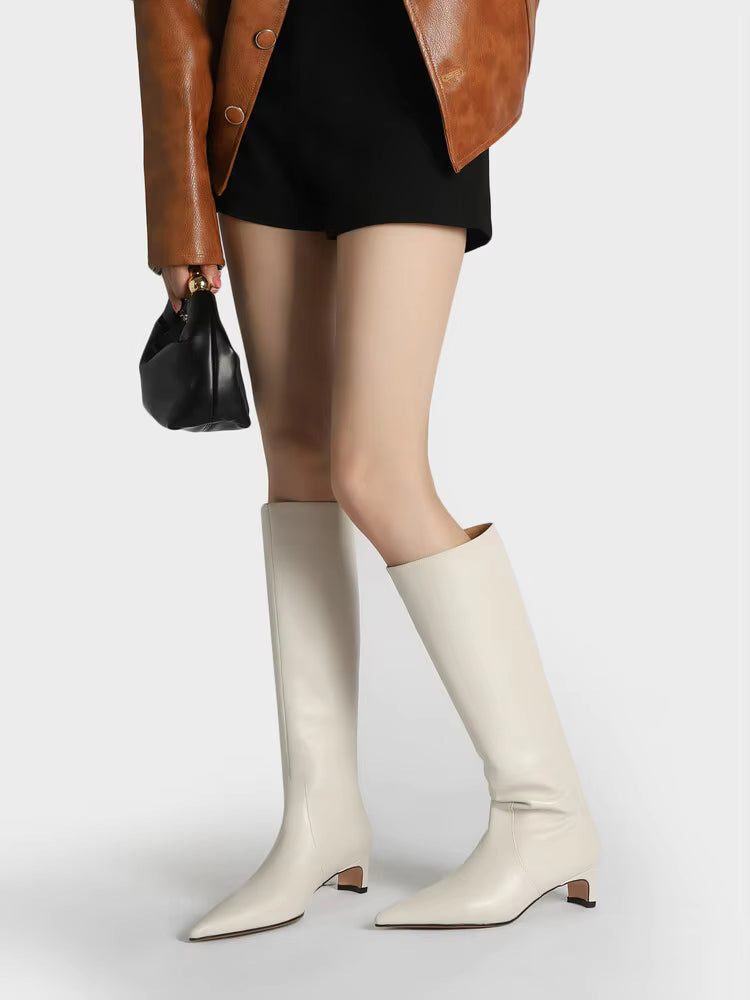 Knee High Pointed Toe Boots | Elegant Kitten Heel Tall Boots | Sleek Pull-On Fashion Boots