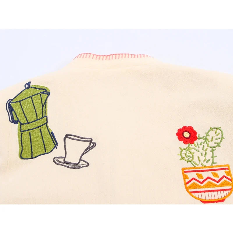 Embroidered Cropped Jacket with Colorful Motifs, Collarless Button-Up Jacket with Contrast Trim, Chic Casual Outerwear