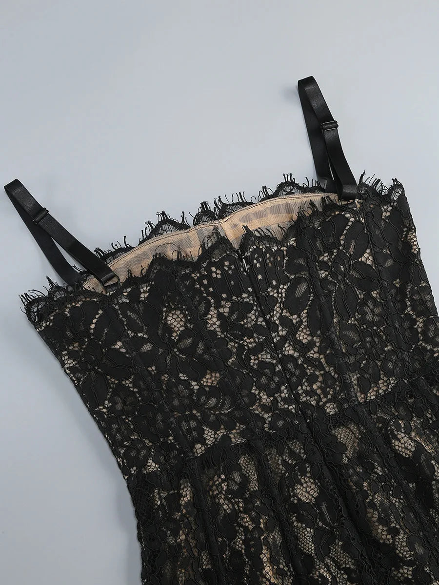 Lace Midi Dress – Spaghetti Strap Dress with Floral Lace Overlay, Fitted Bodice and Straight Midi Silhouette for Parties & Evening Events