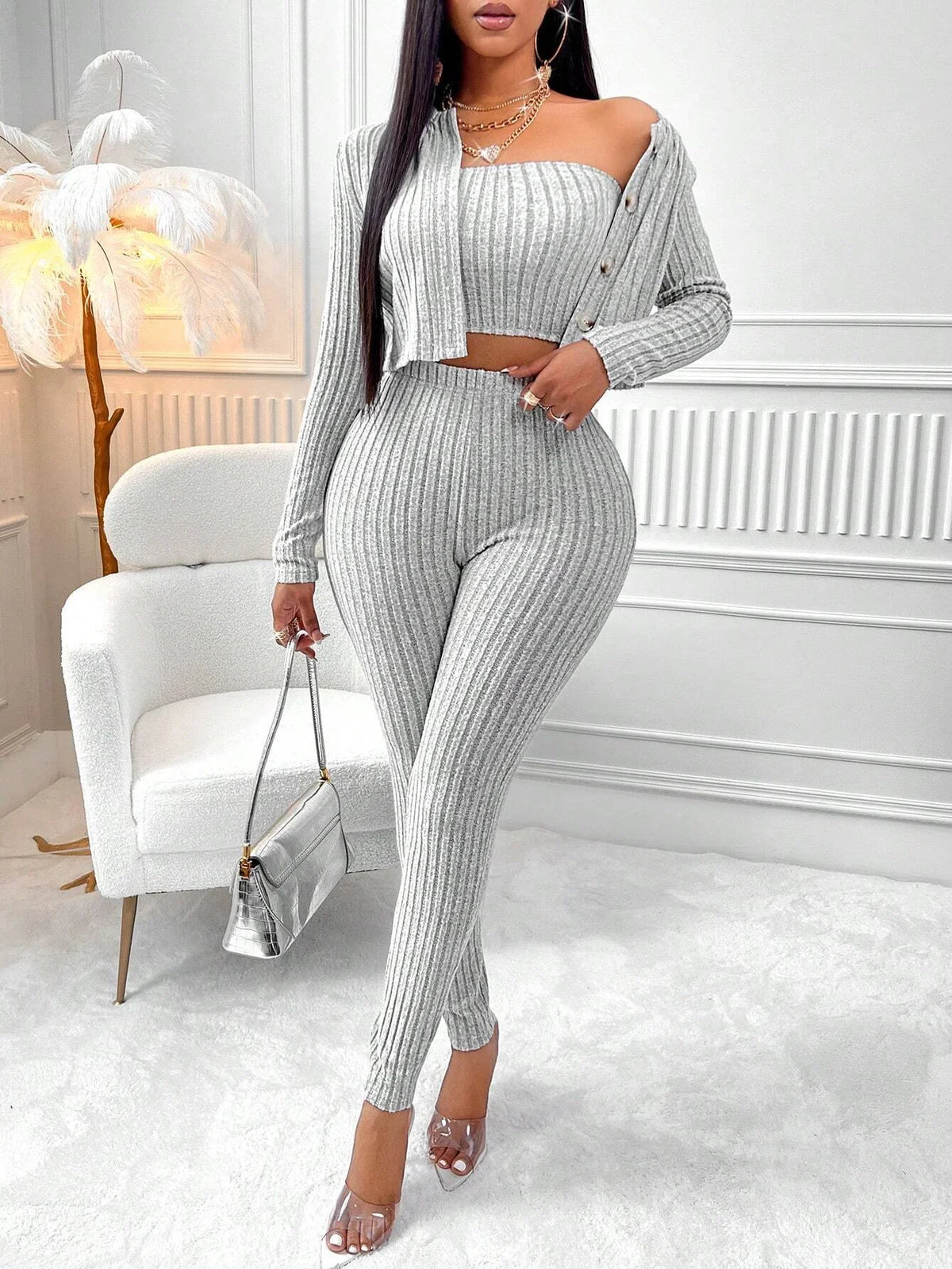 Ribbed Crop Cami Top & Wide Leg Pants Co-Ord Set with Cardigan | Three Piece Knit Matching Outfit | Chic Casual Loungewear
