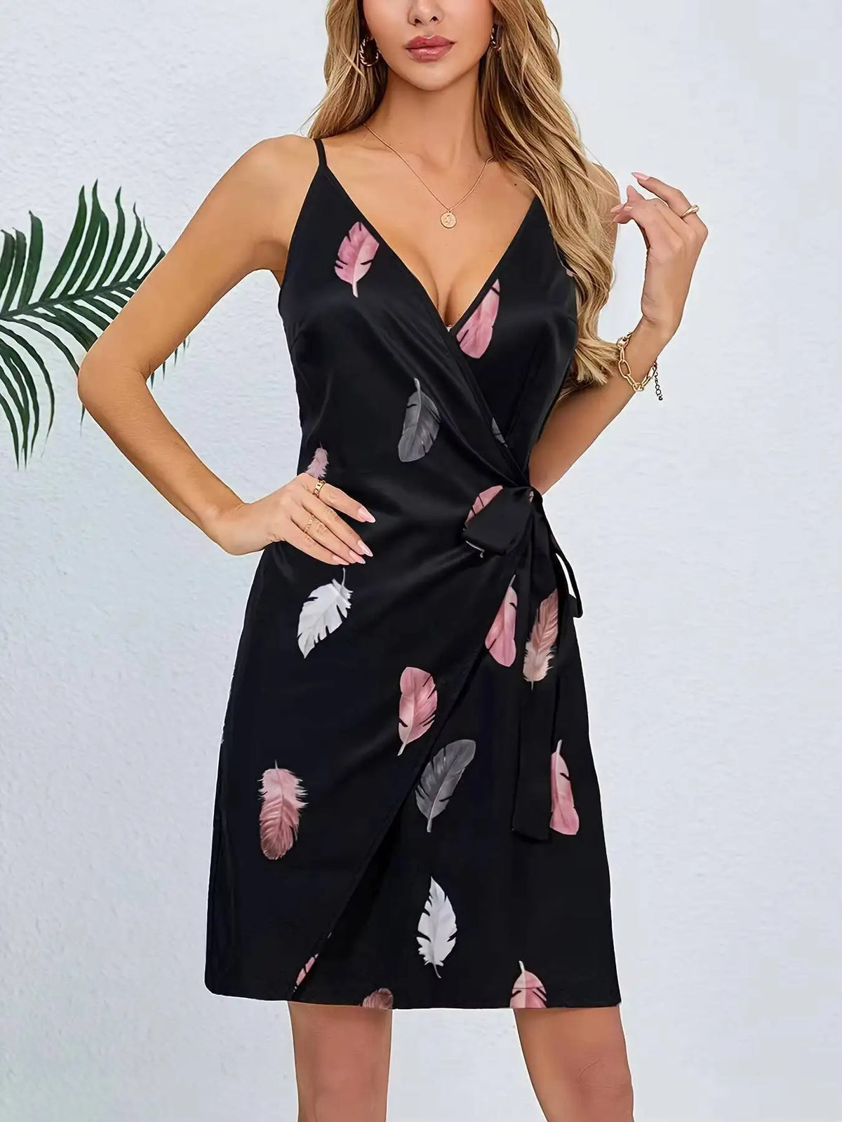 Feather Print Mini Dress – Sleeveless V Neck Dress with Adjustable Spaghetti Straps, Wrap Front, Side Tie and Flirty Silhouette
