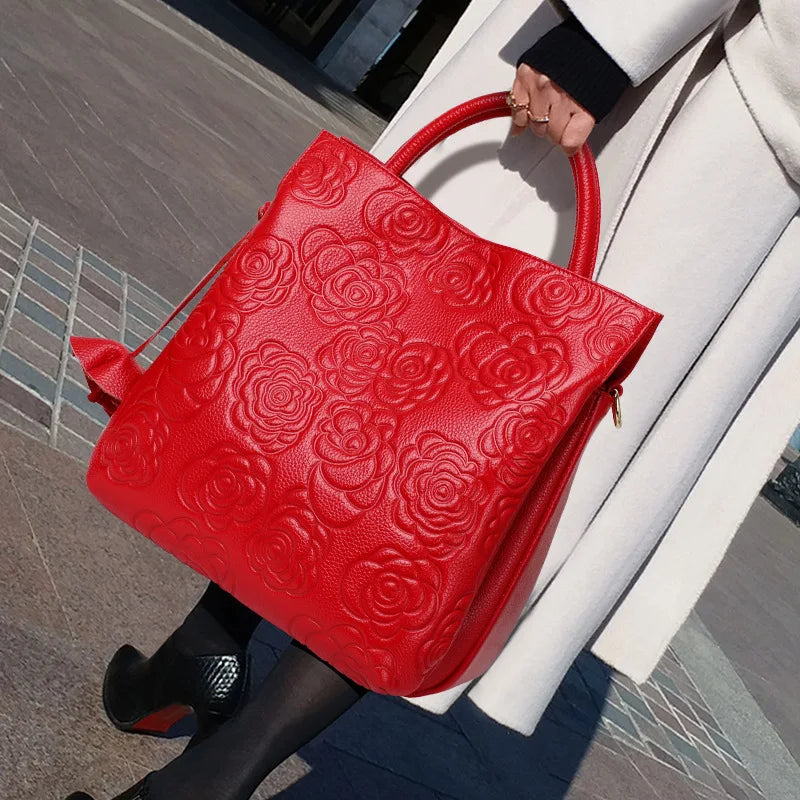 Floral Embossed Tote Bag, Elegant Faux Leather Handbag, Large Shoulder Purse with Top Handles, Textured Work Bag for Everyday Use