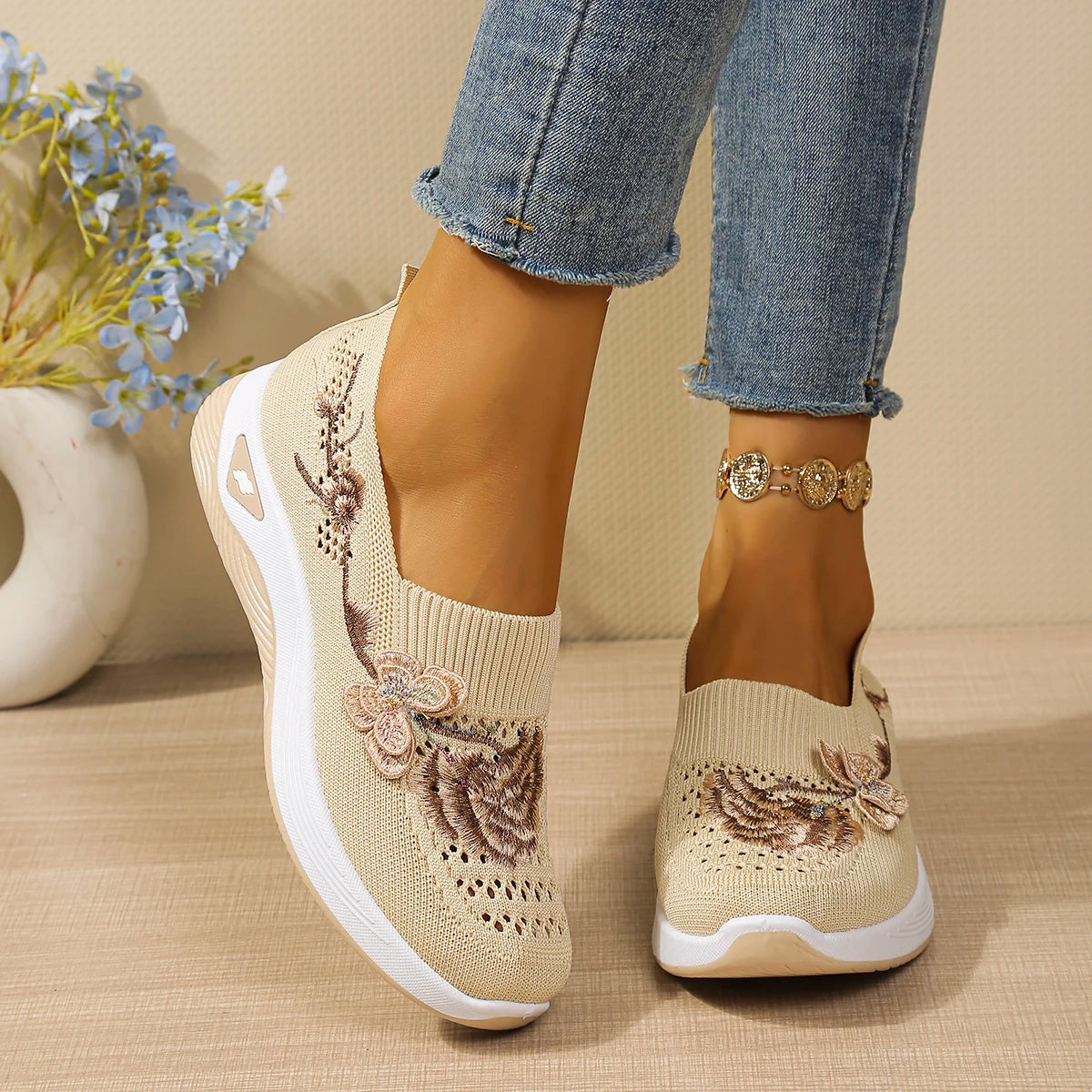 Floral orthopaedic Slip On Sneakers | Embroidered Mesh Walking Shoes | Lightweight Casual Platform Sneakers