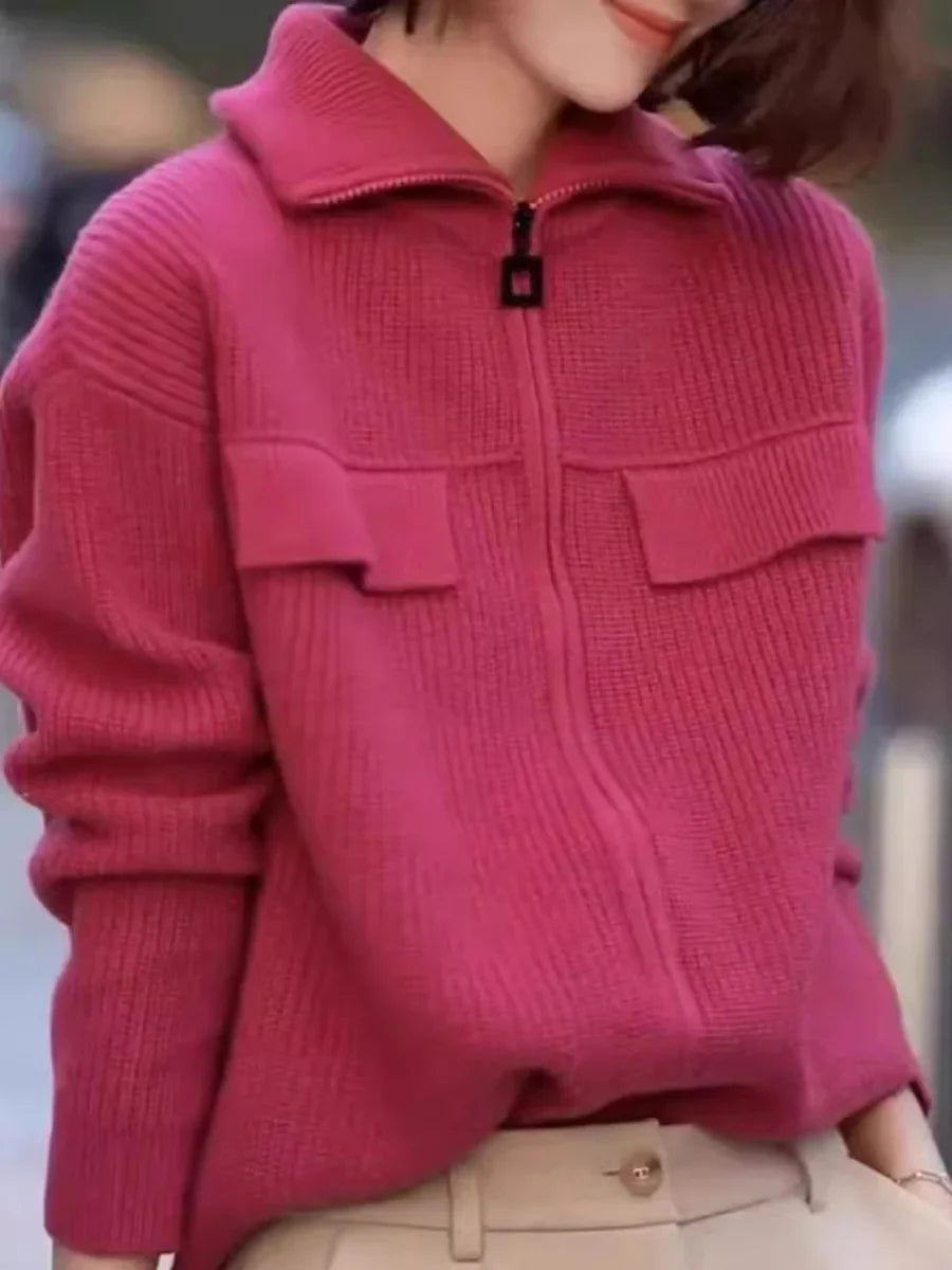 Textured Knit Zip-Up Jacket with Utility Pockets, Collared Sweater Jacket, Relaxed Fit Casual Fall Outerwear