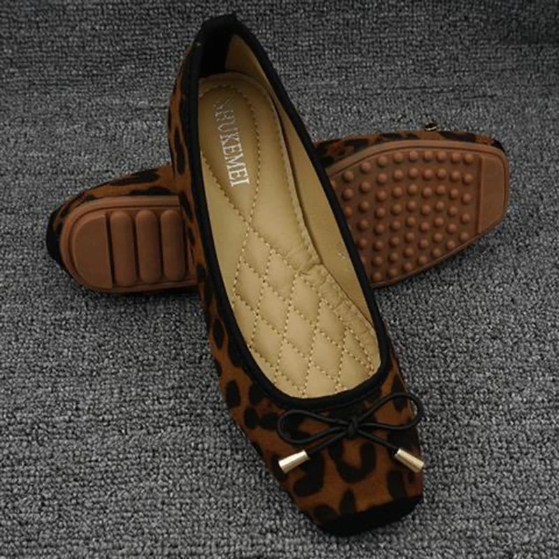 Leopard Print Ballet Flats | Square Toe Bow Flats | Quilted Comfort Slip-On Shoes