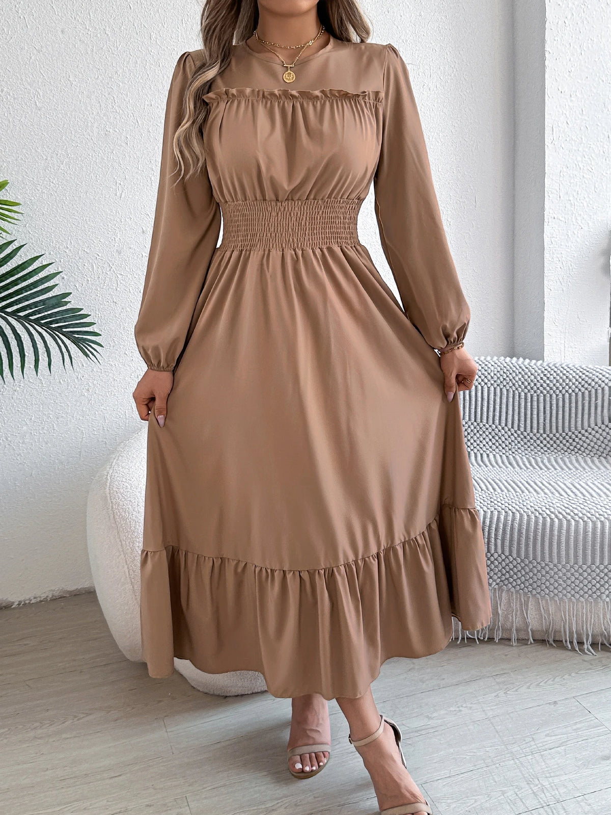 Long Sleeve Midi Dress – Square Neck Dress with Smocked Waist, Puff Sleeves, Gathered Bodice and Tiered Ruffle Hem for Casual Wear