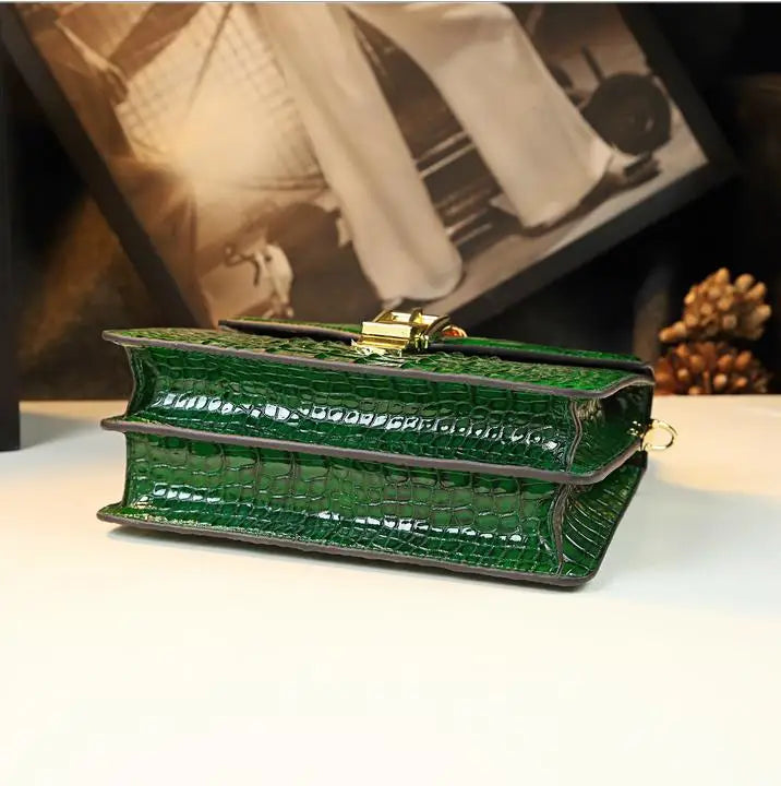 Crocodile Embossed Top Handle Handbag, Structured Vintage Satchel with Gold-Tone Clasp, Elegant Shoulder Purse for Work, Dates & Special Occasions