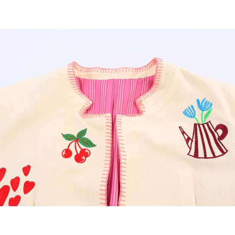 Embroidered Cropped Jacket with Colorful Motifs, Collarless Button-Up Jacket with Contrast Trim, Chic Casual Outerwear