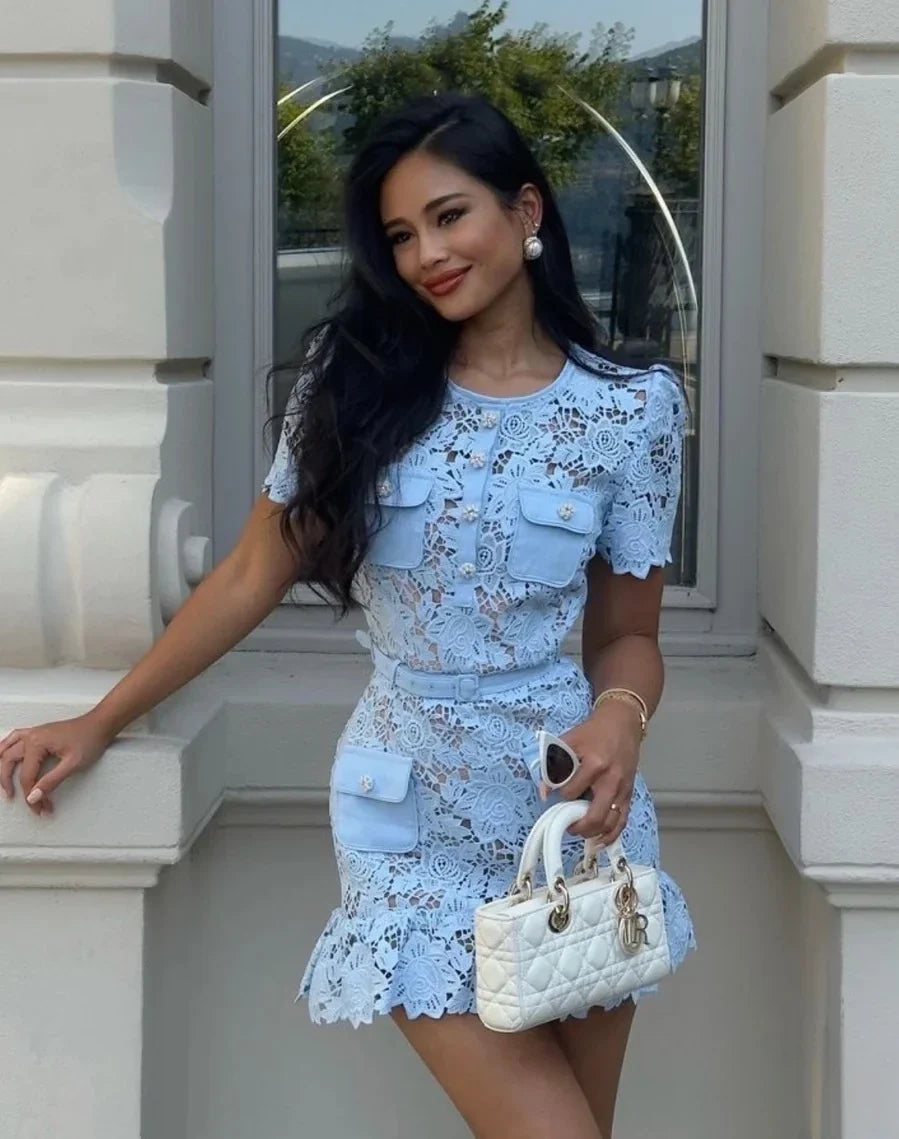 Embroidered Mini Dress – Short Sleeve Fitted Dress with Floral Lace Detailing and Scalloped Hem for Brunch, Parties & Special Occasions