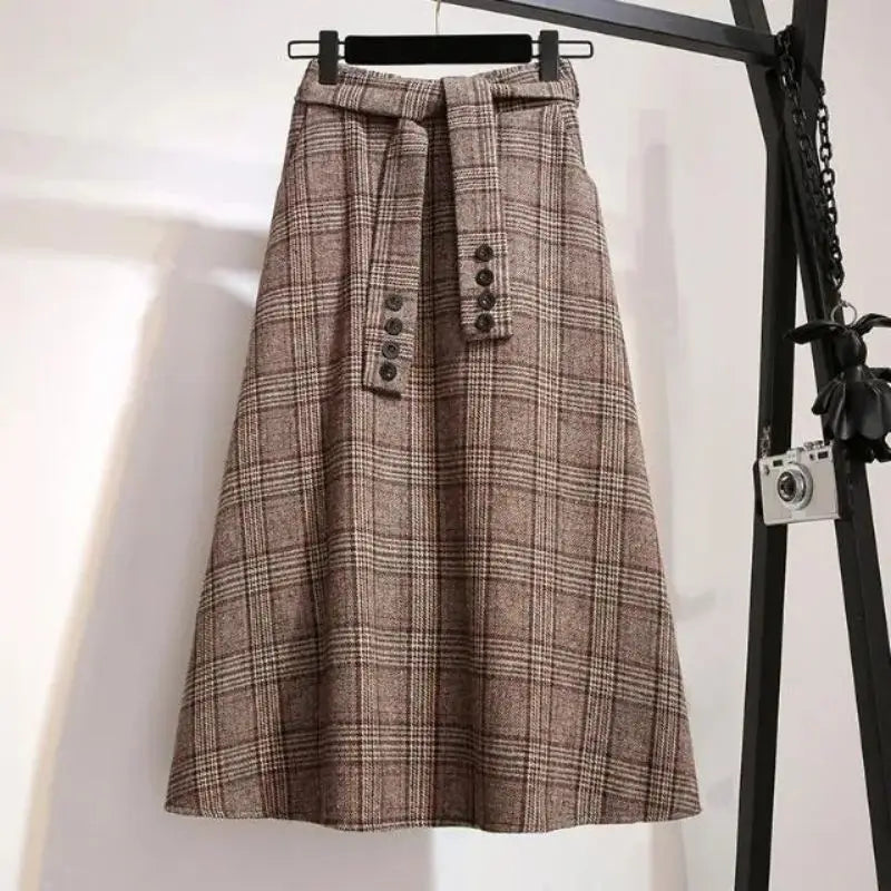 High Waisted Plaid Midi Skirt A Line Tartan Skirt Flared Long Skirt Button Detail Preppy Vintage Inspired Casual Wear