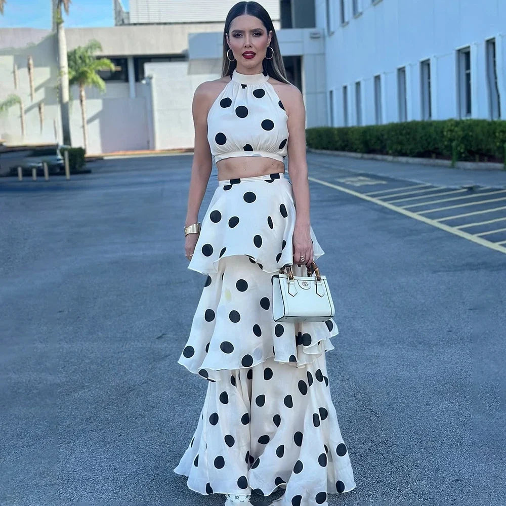 Halter Crop Top & Tiered Maxi Skirt Co-Ord Set | Polka Dot Two Piece Outfit with Ruffle Layers | Chic Summer Party & Vacation Matching Set