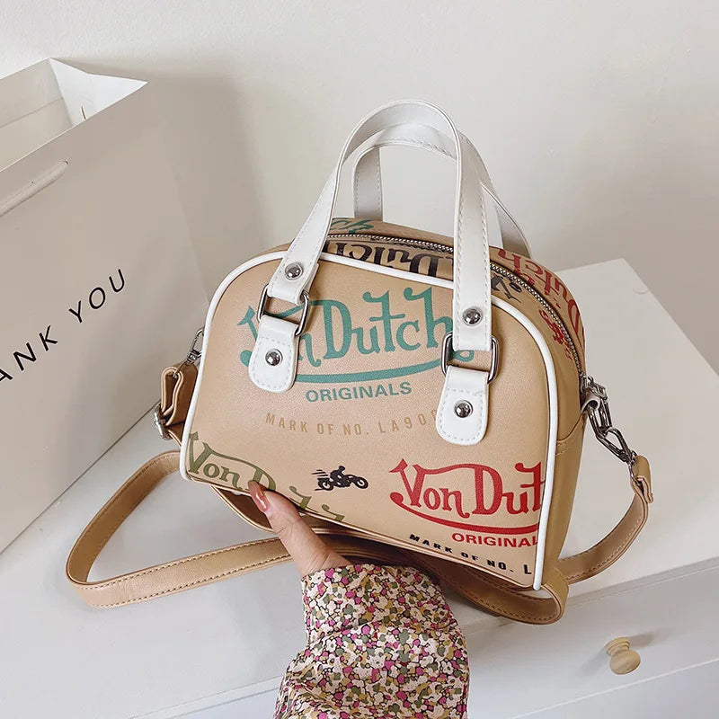 Retro Graphic Boston Bag, Structured Top Handle Duffle Purse with Adjustable Crossbody Strap, Vintage Printed Handbag for Travel & Everyday Use