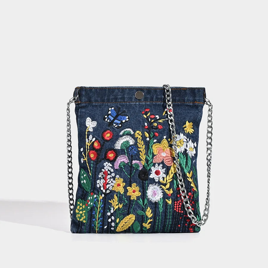Embroidered Denim Crossbody Bag, Colorful Floral Shoulder Purse with Chain Strap, Artistic Boho Mini Handbag for Travel, Festivals & Everyday Use