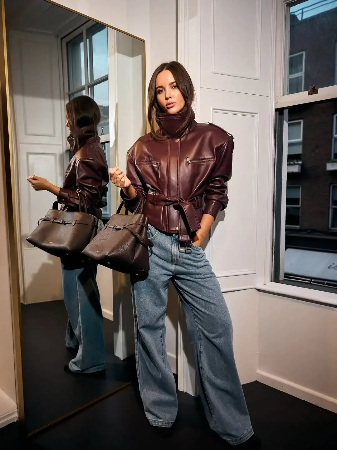 Faux Leather Biker Jacket, Belted Moto Jacket with High Neck and Utility Pockets, Structured Chic Streetwear Outerwear