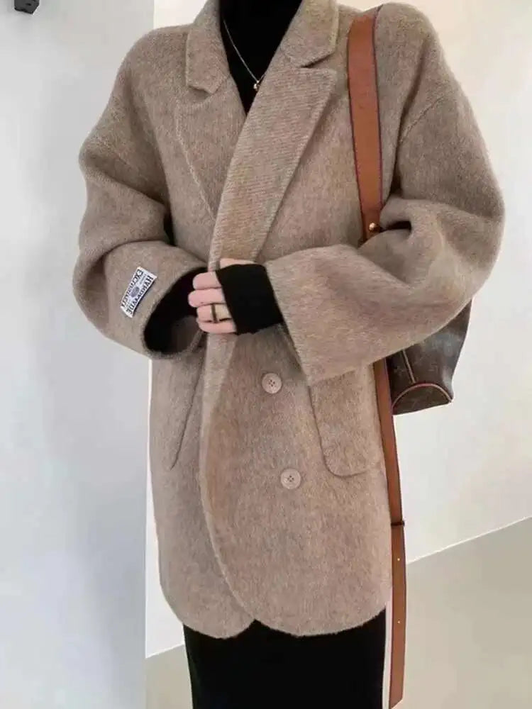 Long Tailored Blazer Coat, Double-Breasted Lapel Jacket with Patch Pockets, Structured Longline Office & Casual Outerwear