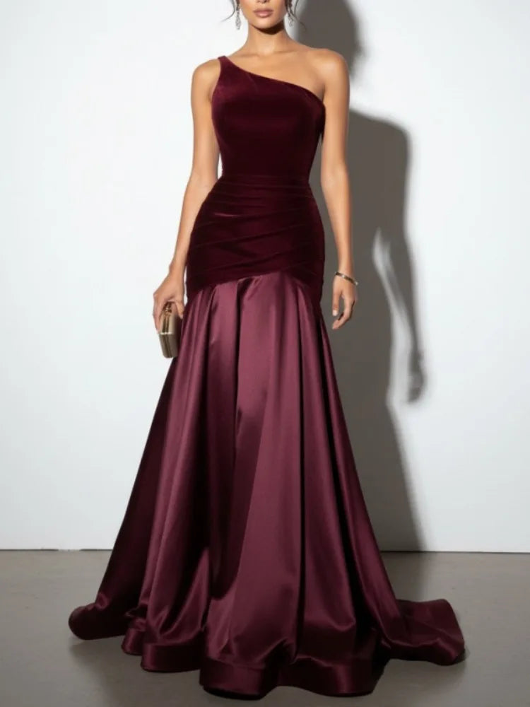 One Shoulder Satin Maxi Dress – Mermaid Evening Gown with Ruched Waist, Draped Bodice and Flowing Floor-Length Skirt