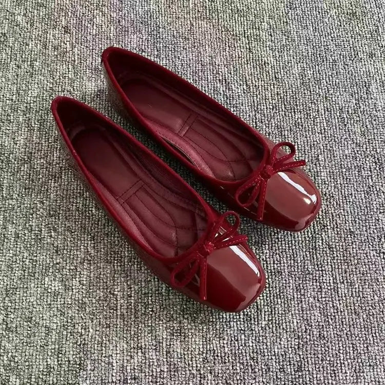 Square Toe Ballet Flats | Patent Bow Flats | Two-Tone Trim Slip-On Shoes for Women