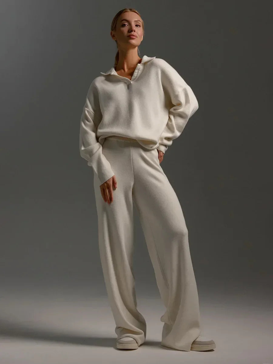 Collared Knit Sweater & Wide Leg Pants Co-Ord Set | Long Sleeve Two Piece Casual Outfit | Chic Fall & Winter Matching Set