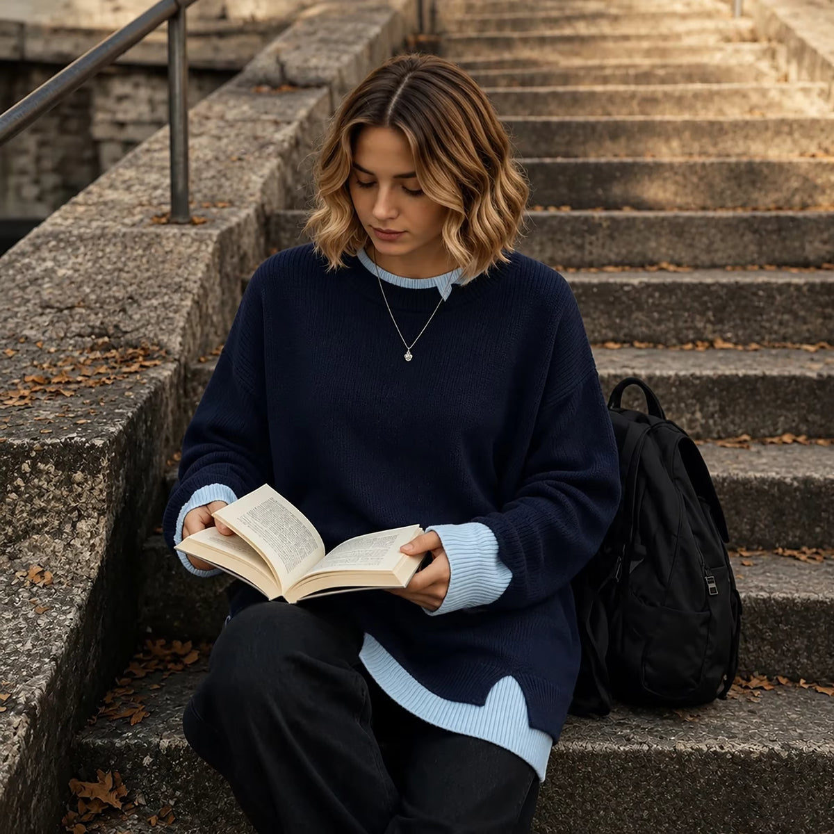 Oversized Ribbed Knit Sweater, Crew Neck Pullover with Balloon Sleeves and Layered Hem, Cozy Casual Fall Winter Knitwear