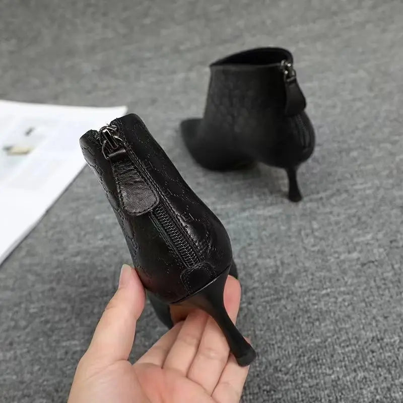 Pointed Toe Stiletto Ankle Boots | Textured High Heel Booties | Elegant Zip-Up Dress Boots